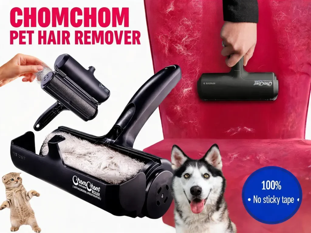 ChomChom Roller original size pet hair remover cleaning dog hair on a grey sofa.