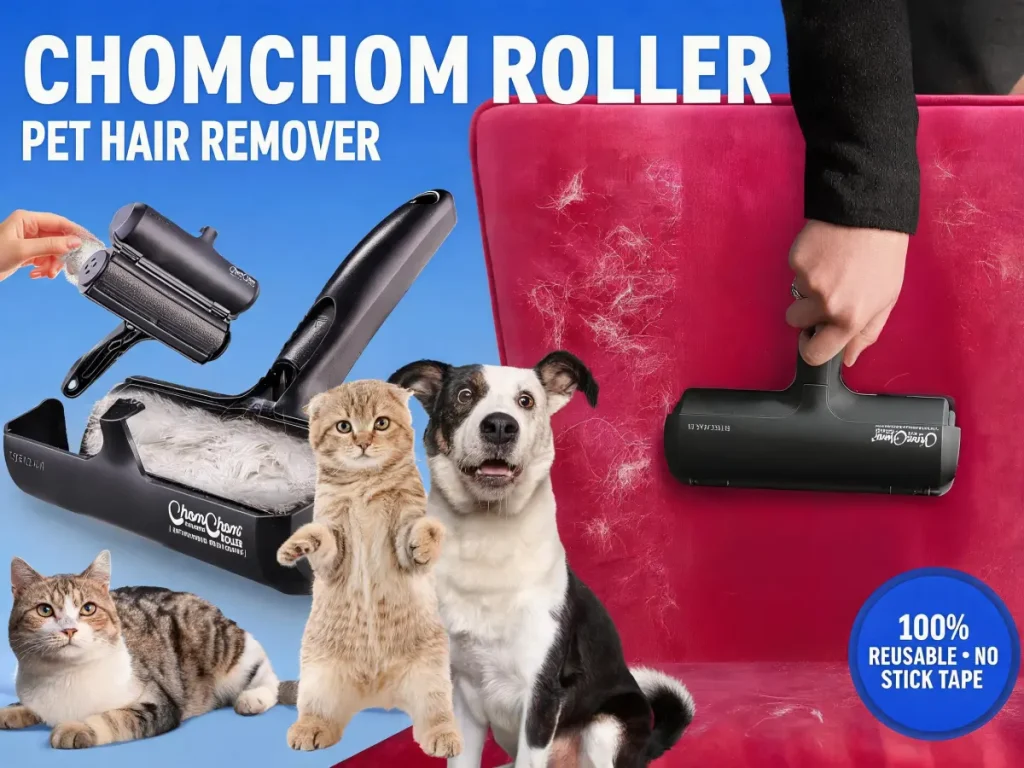 Side-by-side comparison of the real ChomChom Roller and a cheap recycled plastic pet hair remover copycat.