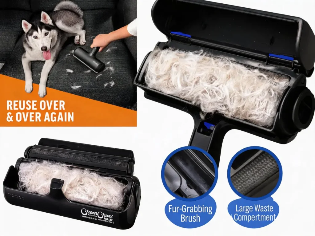 A couple using the ChomChom Roller to quickly clean pet fur in their new living room.