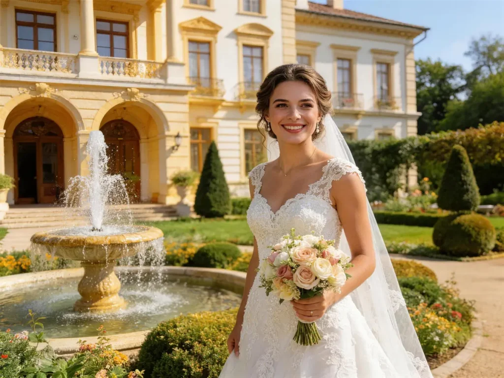 Bride wearing a short rhinestone veil at a Halloween wedding