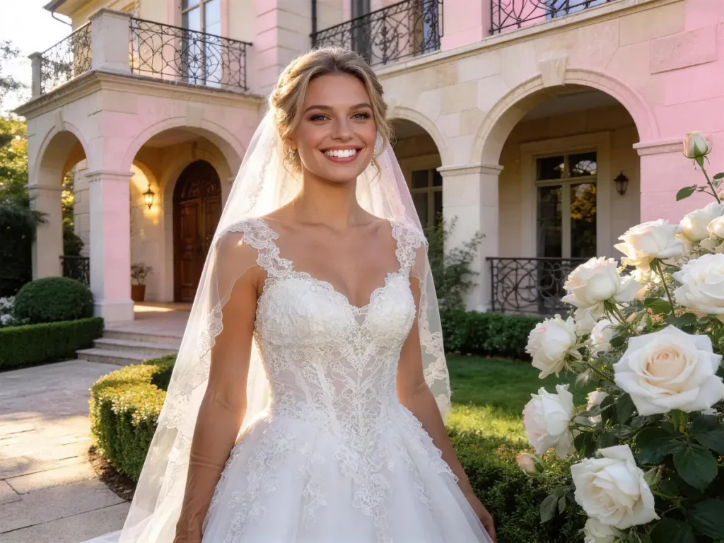 A glittering white and silver sequined wedding gown on a hanger designed for a Christmas themed wedding dress concept