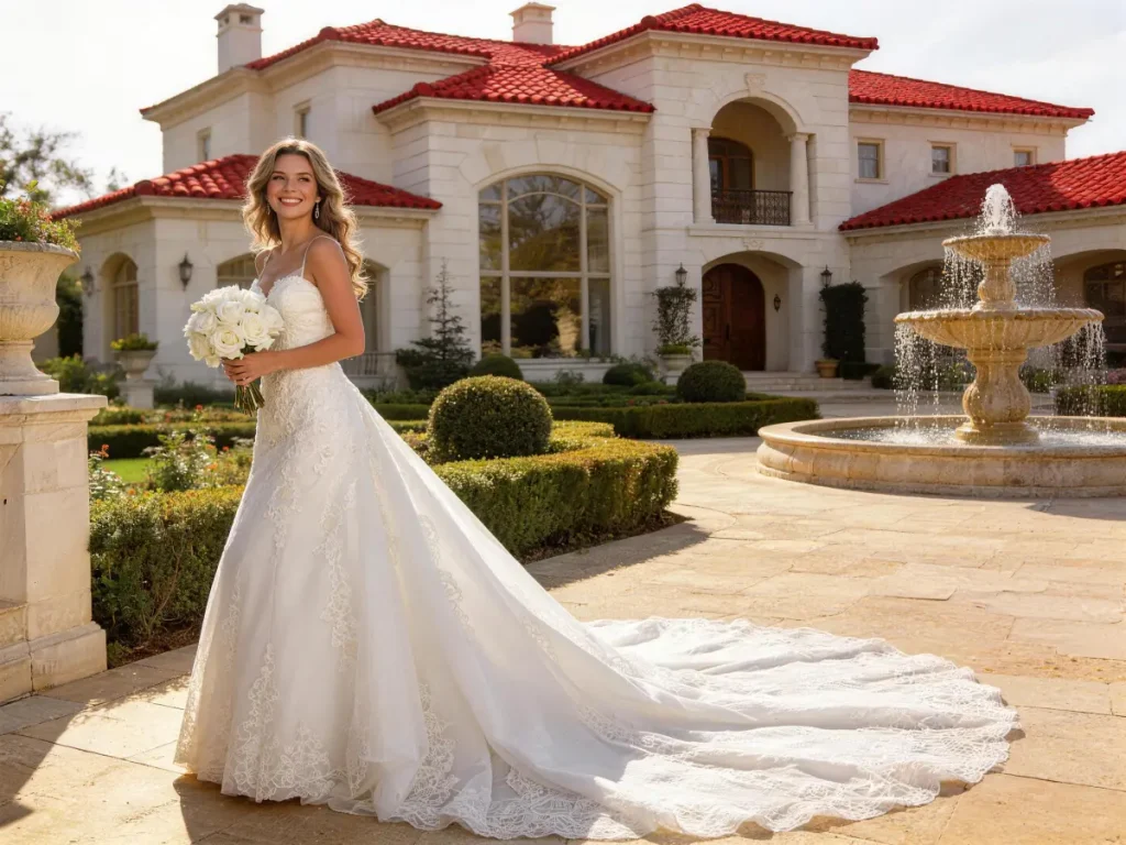 A short white vintage style lace wedding dress featuring a sheer illusion neckline on a commercial mannequin.