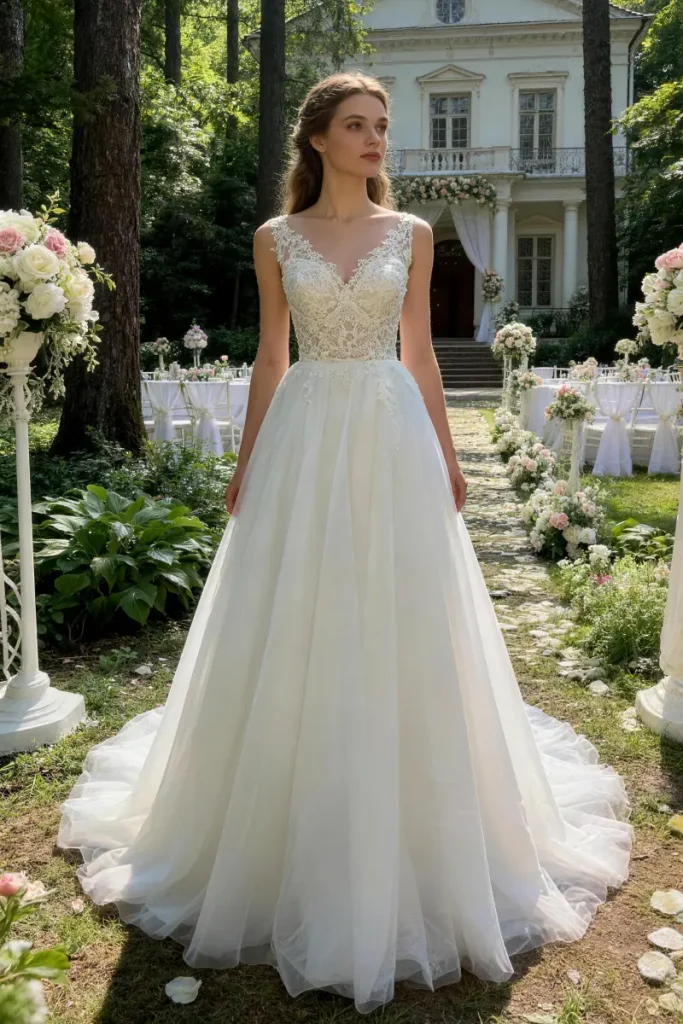 A full view of a large white tulle ball gown wedding dress showing its massive physical volume.