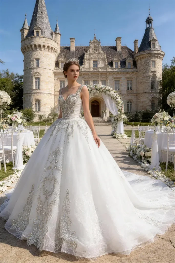 OEMod luxury bridal ball gown, heavy beadwork wedding dress, royal cathedral wedding dress 2026