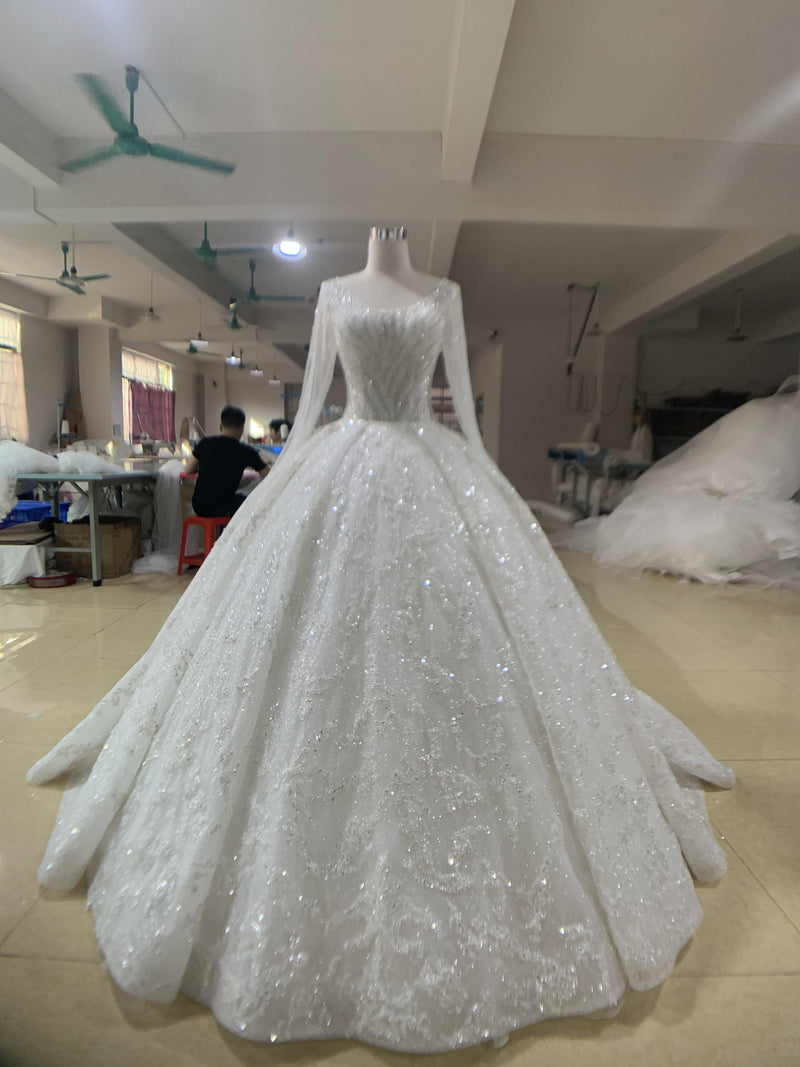 29747-OEM 29747-OEM long sleeves heavy beadings white wedding gown - wholesale wedding dress