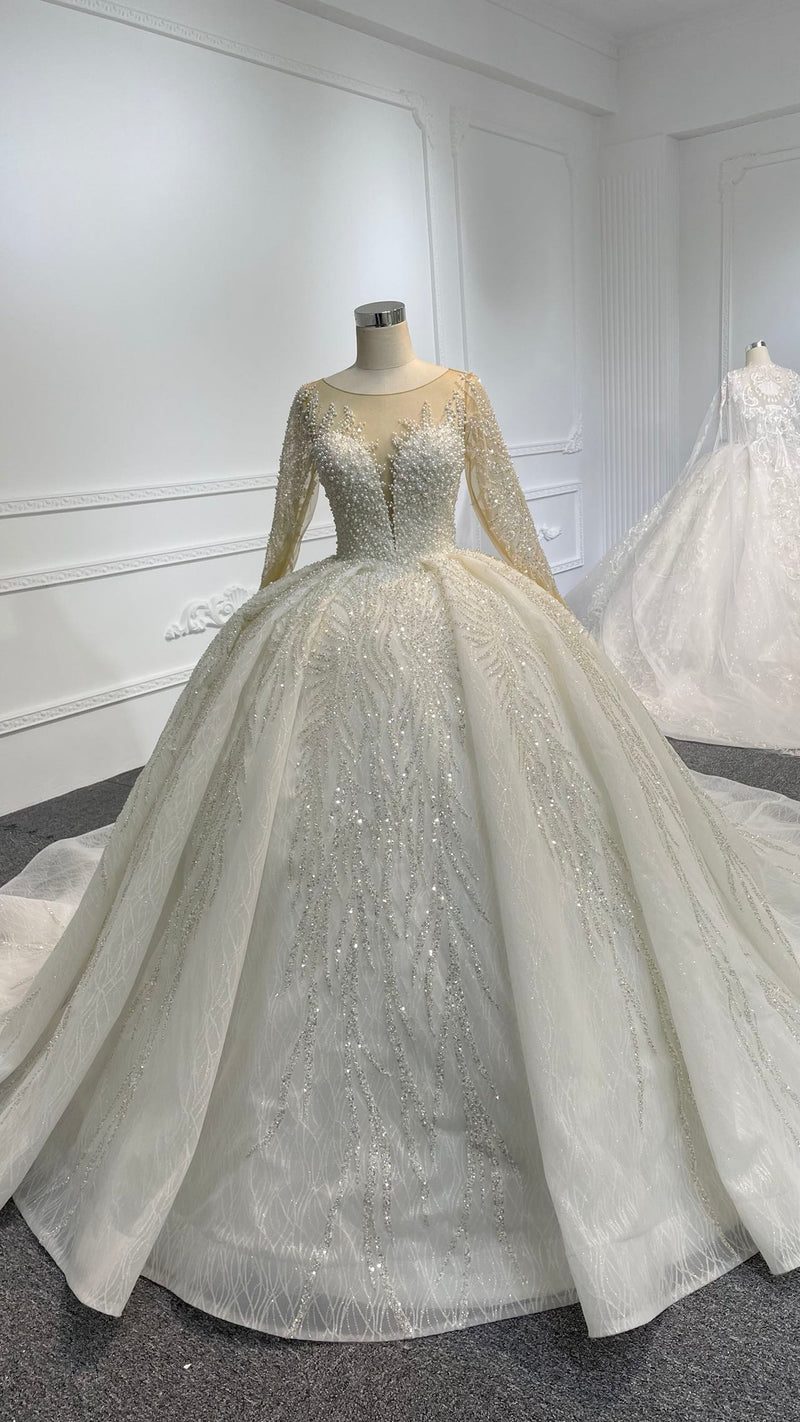 29811 29811- OEM Long sleeve illusion tulle beadings and sequins ballgown - wholesale wedding dress