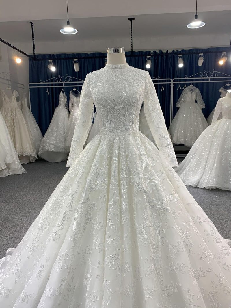 701 #701 Long sleeved Muslim Wedding Dress with trailing tail - wholesale wedding dress