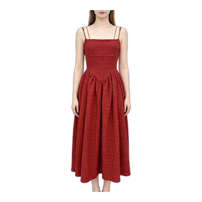 SV26-10 &ndash; Textured Midi Cami Dress With Pearl Straps & Bow Cut-Out Back Wholesale