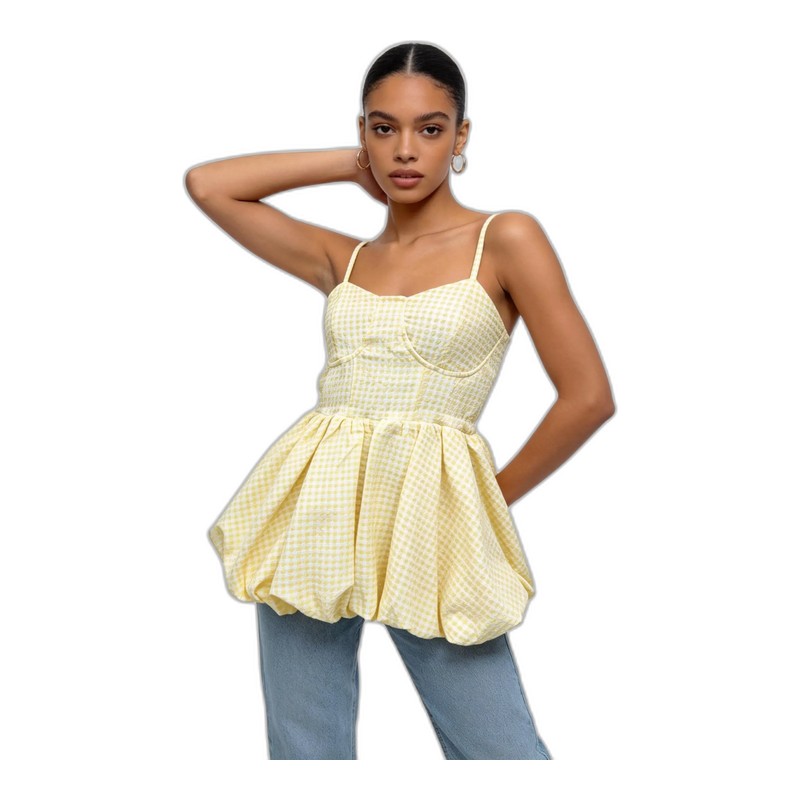 SV26-105 &ndash; Yellow Gingham Textured Bubble Hem Mini Dress Wholesale