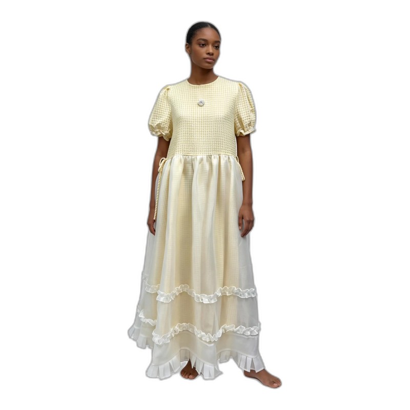 SV26-106 &ndash; Yellow Gingham Puff Sleeve Tiered Ruffle Maxi Dress Wholesale