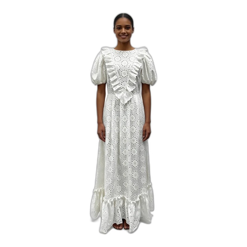 SV26-107 &ndash; White Eyelet Embroidery Puff Sleeve Ruffle Maxi Dress Wholesale