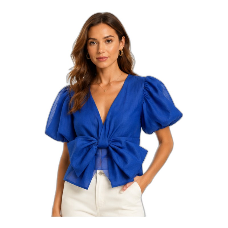 SV26-14 &ndash; Women's Blue Puff Sleeve V-Neck Bow Detail Blouse - Elegant Feminine Casual Top Wholesale