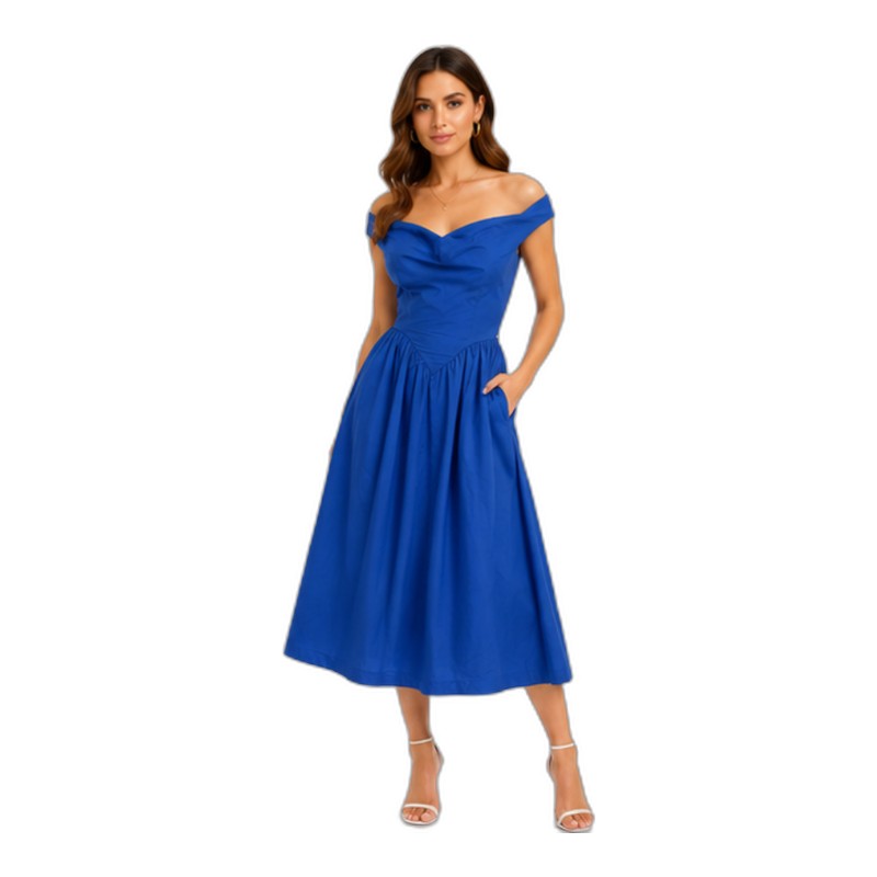 SV26-15 &ndash; Women's Elegant Blue Off Shoulder Midi Dress - Vintage Inspired A-Line Summer Dress with Gathered Skirt Wholesale