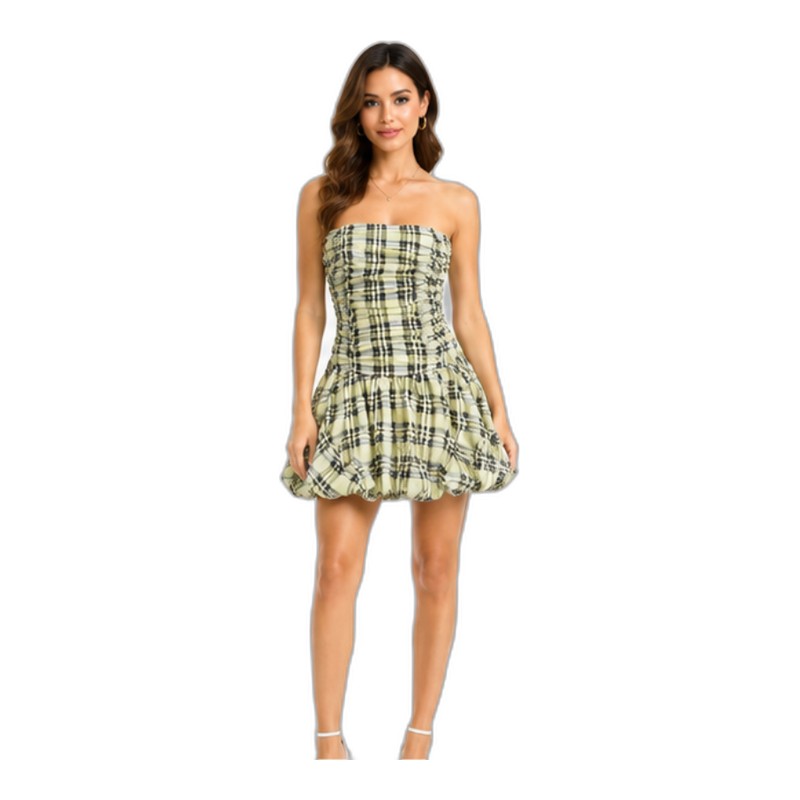 SV26-16 &ndash; Women's Vintage Plaid Ruched Mini Dress - Strapless A-Line Party Dress with Flared Skirt Wholesale