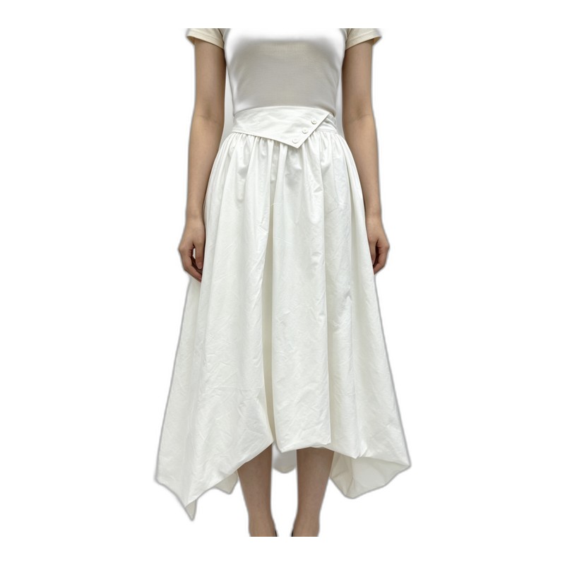 SV26-20 &ndash; White Asymmetric Midi Skirt Lap Waist Decorative Buttons Gathered Flowy Irregular Hem Skirt Wholesale
