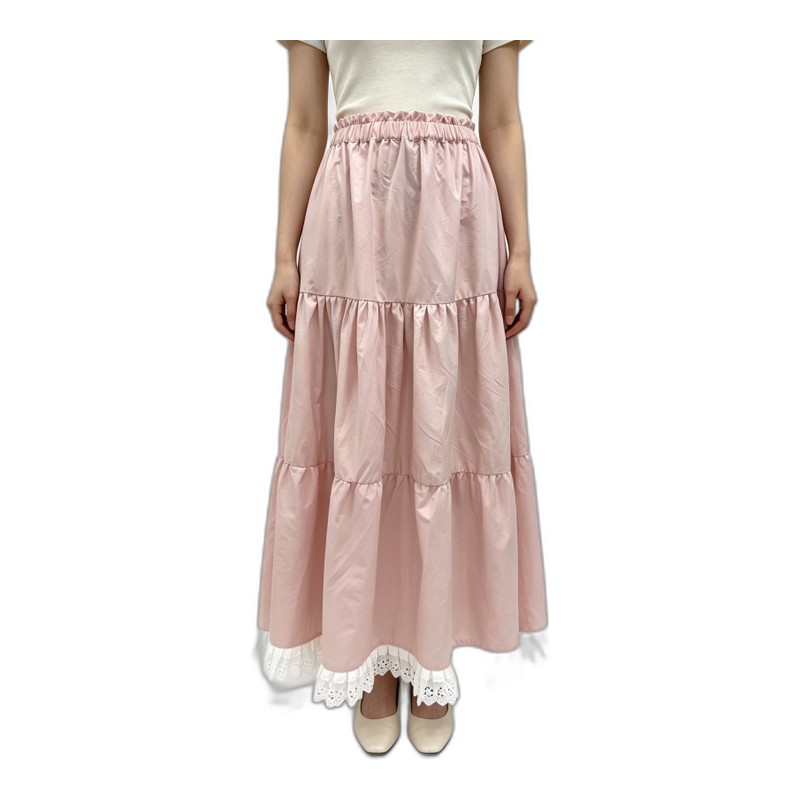 SV26-21 &ndash; Dusty Pink Tiered Maxi Skirt Elastic Waist Ruffled Lace Hem Flowy Long Cake Skirt Wholesale