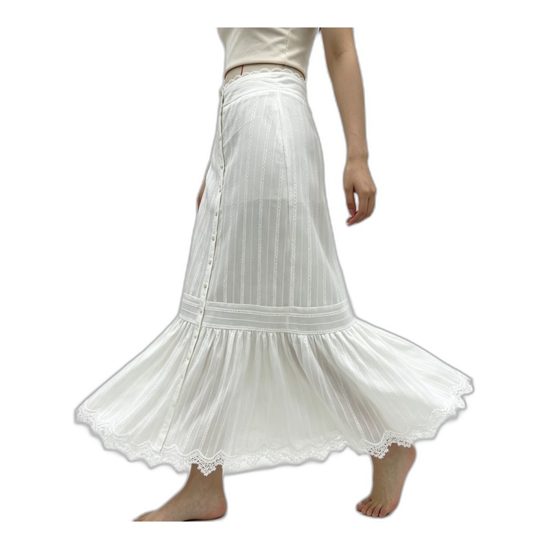 SV26-22 &ndash; White Eyelet Lace Mermaid Maxi Skirt High Waist Front Button Ruffled Long Skirt Wholesale