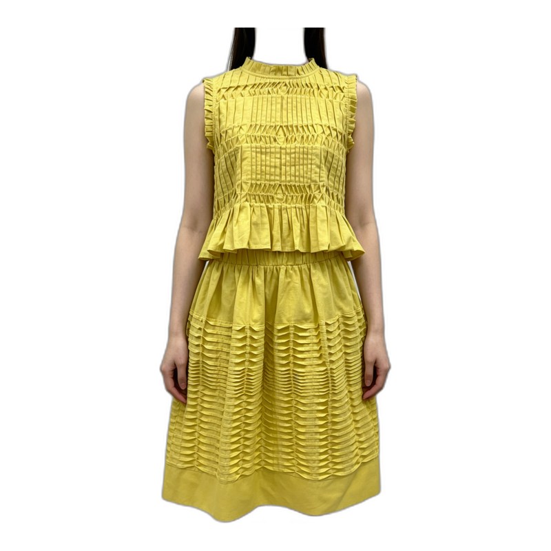 SV26-29 &ndash; Women Mustard Yellow Textured Pleated Sleeveless Peplum Top & Elastic Waist Midi Skirt Two Piece Matching Set, Summer Elegant Co-ord Outfit Wholesale