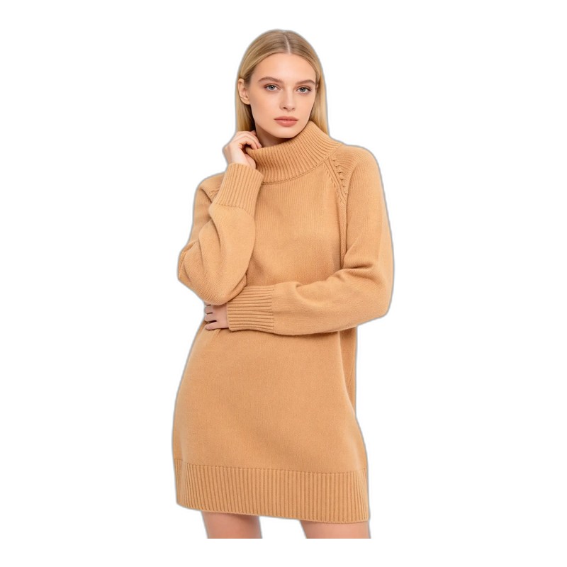 SV26-4 &ndash; Camel Wool Blend Turtleneck Sweater Dress with Ribbed Trim Wholesale