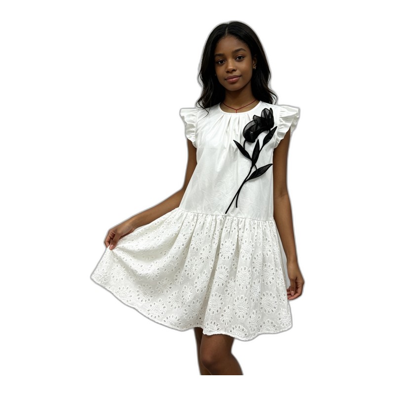 SV26-61 &ndash; Elegant White Embroidered Mini Dress with Ruffle Sleeves & Floral Detail Wholesale