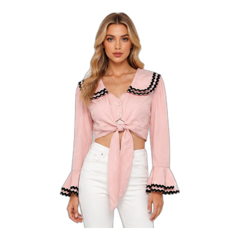SV26-69 &ndash; Women's Cropped Tie Front Blouse with Peter Pan Collar & Flare Sleeves - Feminine Casual Top Wholesale