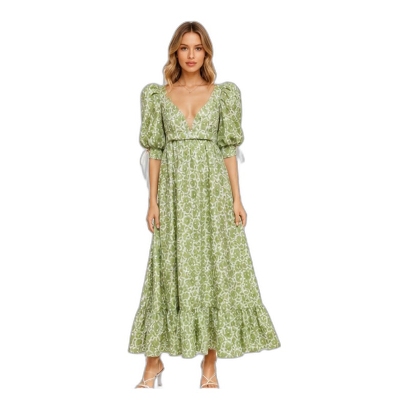 SV26-70 &ndash; Green Floral Embroidered Puff Sleeve Maxi Dress | Elegant Square Neck A-Line Dress for Women Wholesale