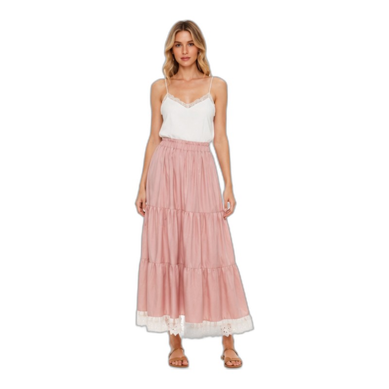 SV26-72 &ndash; Women's High Waist Tiered Maxi Skirt with Lace Trim - Romantic Ruffle Long Skirt Wholesale