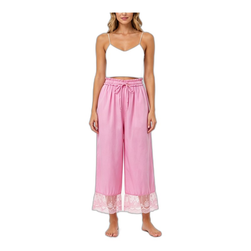 SV26-73 &ndash; Women's High Waist Lace Trim Cropped Pants - Romantic Ruffle Casual Trousers Wholesale