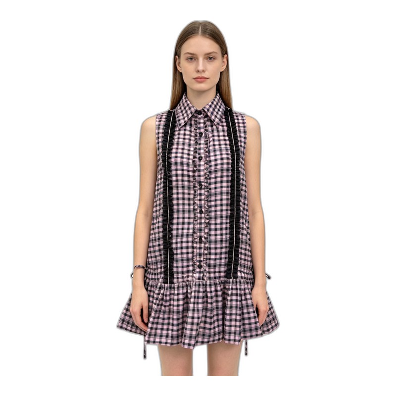 SV26-75 &ndash; Adjustable Waist Sleeveless Plaid Mini Dress - Ruffle Hem Casual Chic Dress for Women Wholesale