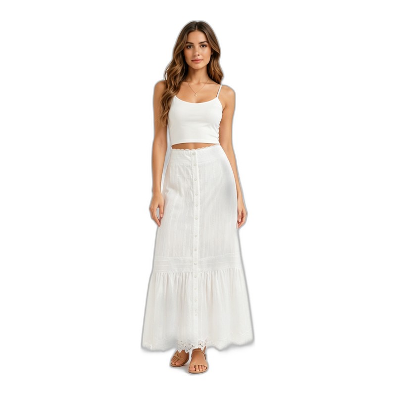 SV26-76 &ndash; Romantic White Lace Button-Front Midi Skirt - Elegant Tiered Hem Slim Fit Long Skirt Wholesale