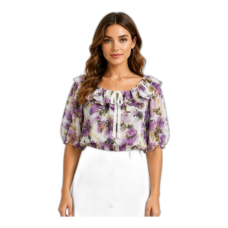SV26-77 &ndash; Purple Floral Puff Sleeve Tie-Front Chiffon Blouse - Romantic Off-Shoulder Crop Top Wholesale