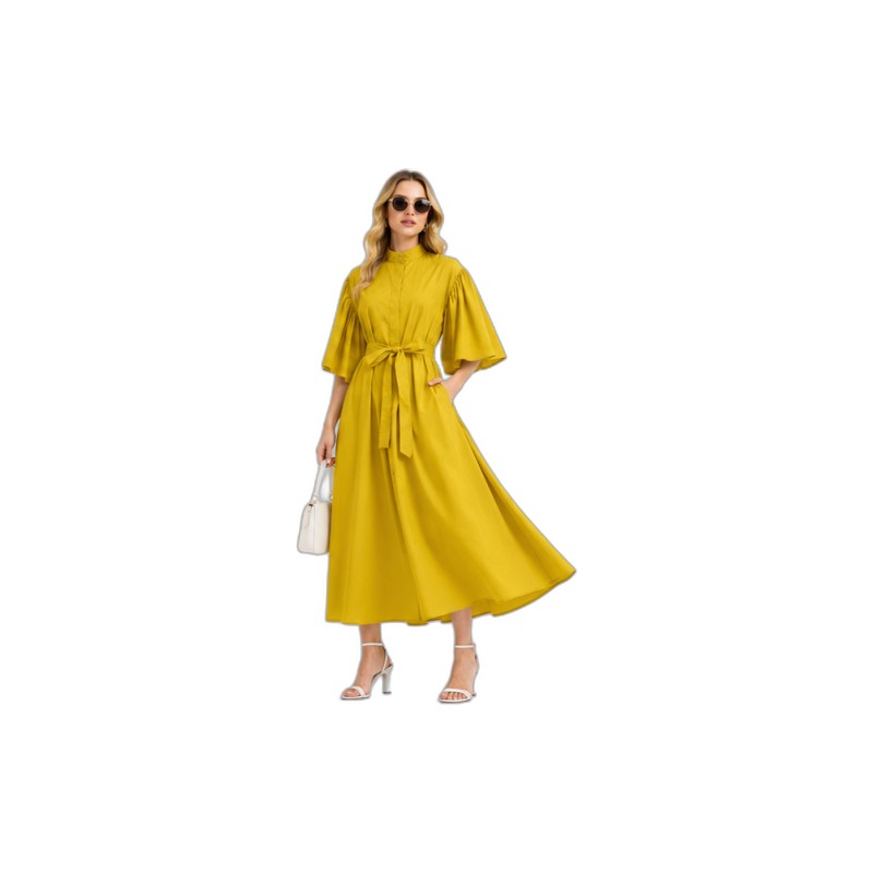 SV26-78 &ndash; Mustard Yellow Flutter Sleeve Belted Midi Shirt Dress - Elegant Stand Collar Dress for Women Wholesale