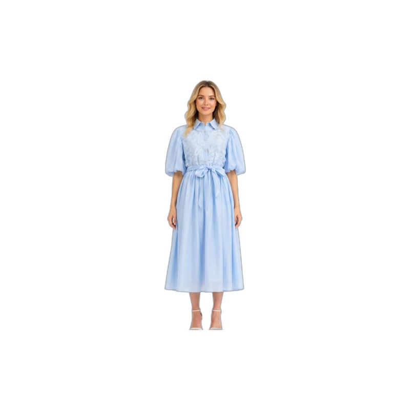 SV26-79 &ndash; Sky Blue Puff Sleeve Lace Maxi Dress - Belted Shirt Dress with Leaf Embroidery Wholesale