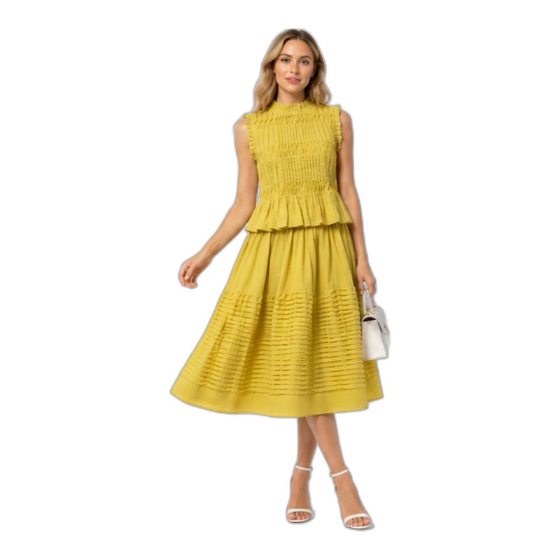 SV26-81 &ndash; Sunny Yellow Textured Two-Piece Set - Pleated Peplum Top & Ruffled Midi Skirt Co-Ord Wholesale