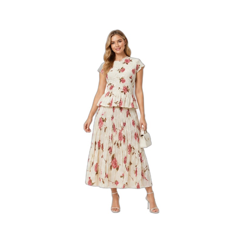 SV26-82 &ndash; Vintage Cream Rose Print Two-Piece Set - Lace Peplum Top & Pleated Midi Skirt Wholesale