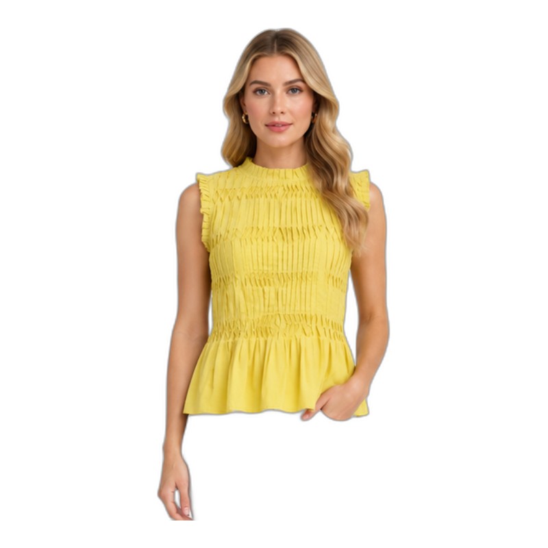 SV26-83 &ndash; Sunny Yellow Pleated Peplum Top - Sleeveless High Neck Textured Blouse for Women Wholesale
