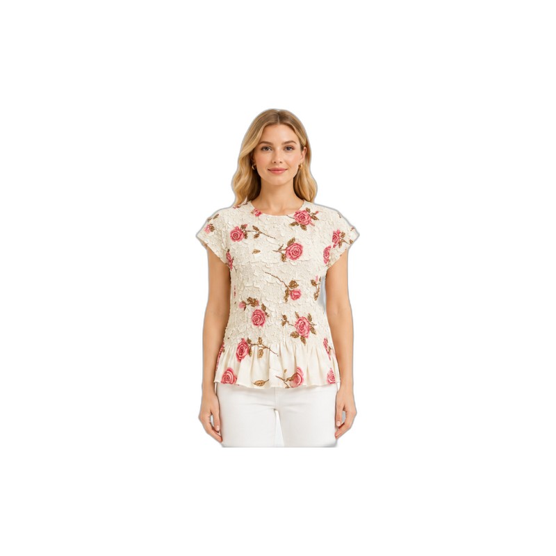 SV26-84 &ndash; Vintage Cream Rose Print Peplum Top - Textured Cap Sleeve Blouse for Women Wholesale