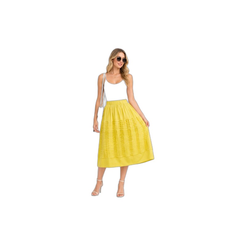 SV26-85 &ndash; Sunny Yellow Textured Ruffle Midi Skirt - Elastic Waist Cotton Skirt for Women Wholesale