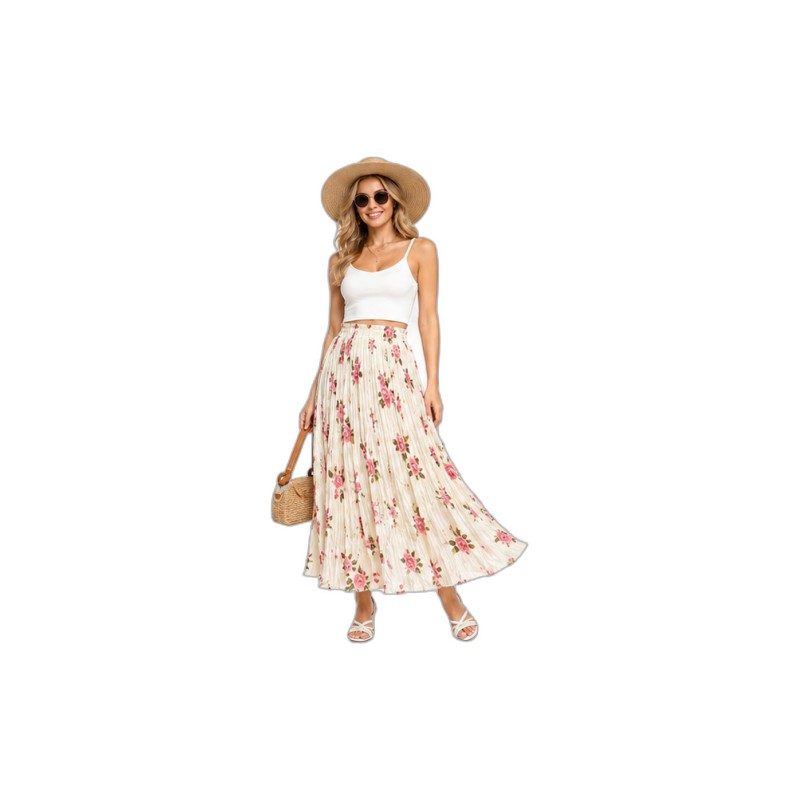 SV26-86 &ndash; Vintage Cream Floral Pleated Midi Skirt - Elegant Rose Print Elastic Waist Skirt for Women Wholesale