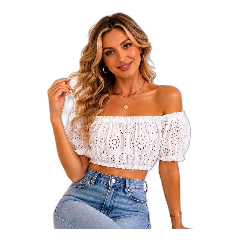 SV26-88 &ndash; Shivette Eyelet Off-Shoulder Crop Broderie Puff Sleeve Romantic Blouse top with lining Wholesale