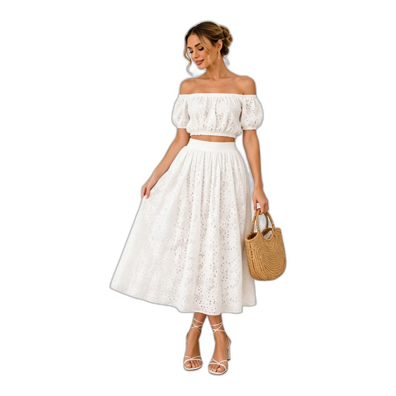 SV26-90 &ndash; Shivette Romance Eyelet Crop Top White Embroidered Eyelet Two-Piece Midi Skirt Set with lining Wholesale
