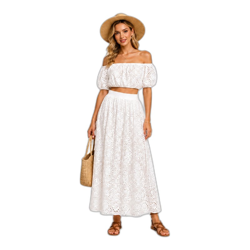 SV26-97 &ndash; Shivette lined White Eyelet Embroidered Off-Shoulder Crop Top & Maxi Skirt Set Wholesale