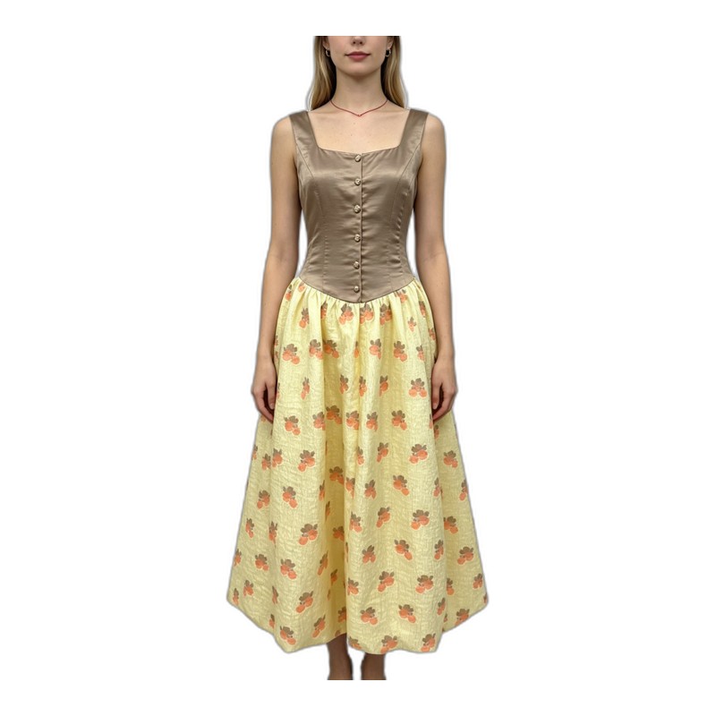 SV26-99 &ndash; Vintage Corset Sleeveless Midi Dress, Fruit Print Full Skirt Wholesale