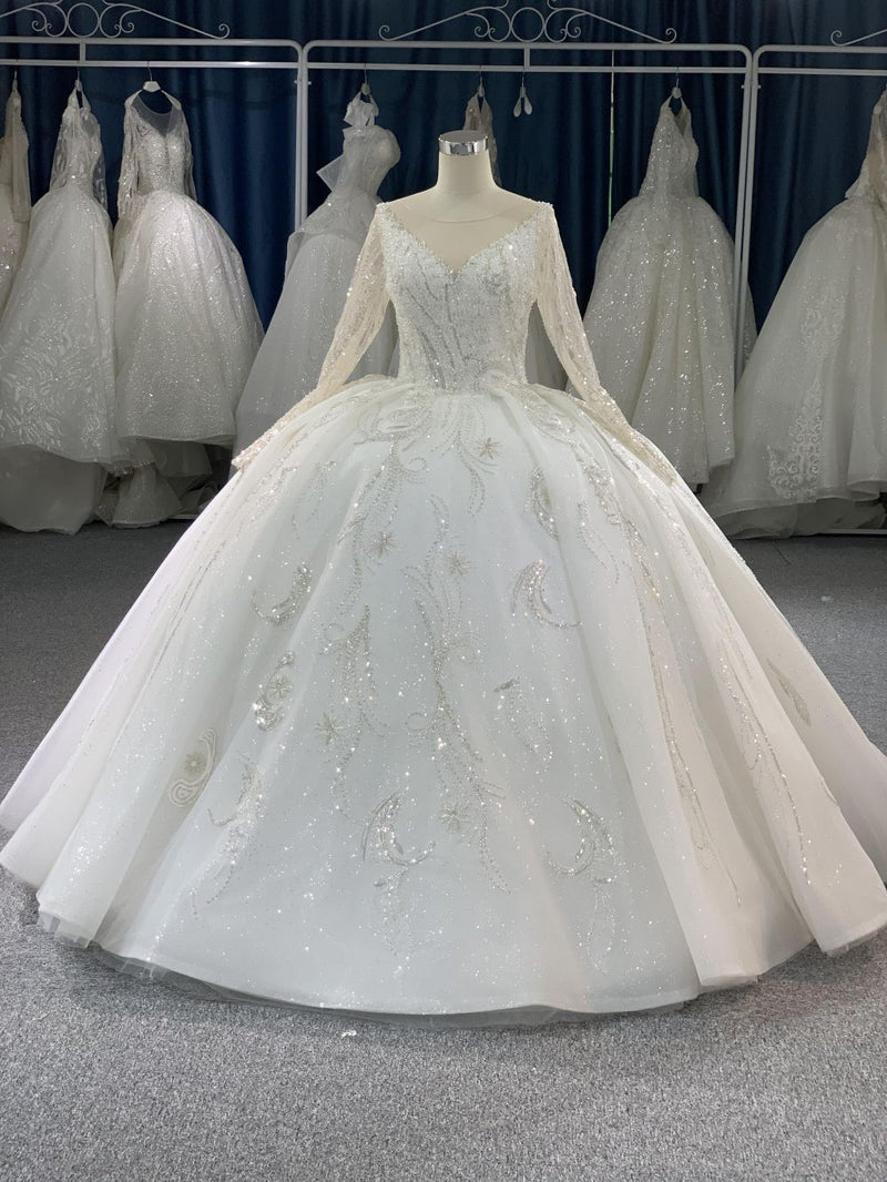 B02 B02# Long Sleeves Heavy Beads Wedding Dress Large Trailing Tail - wholesale wedding dress