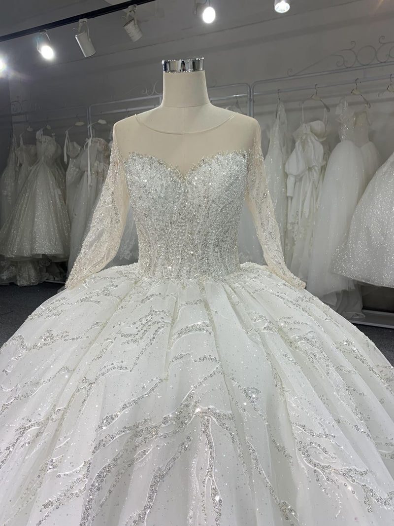 B202 B202# Long Sleeved Full Bead Wedding Grown Dress With Big Tail - wholesale wedding dress
