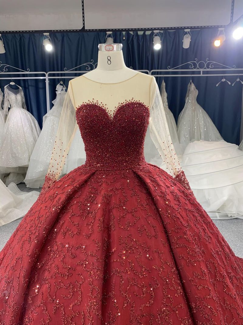 B204 B204#Red Trailing Long Slveeves Full Beads Wedding Grown Dress - wholesale wedding dress