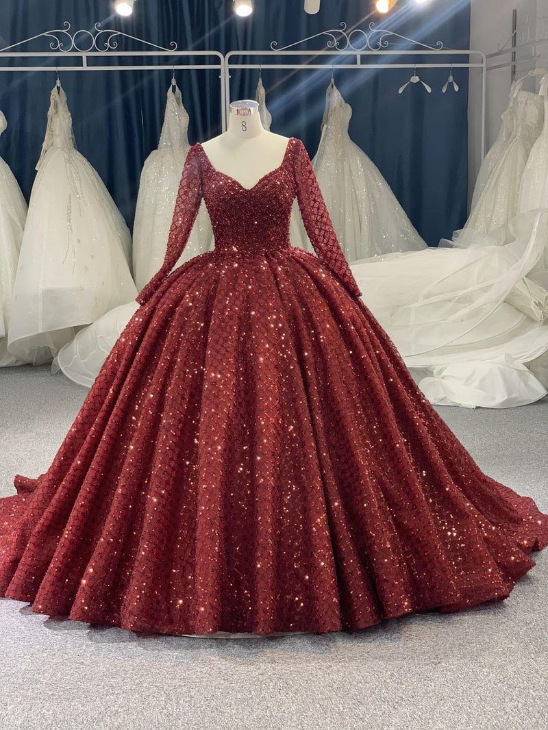 B205 B205# Red Netting With Large Trailing Tail And Shining Lace Long Sleeves - wholesale wedding dress