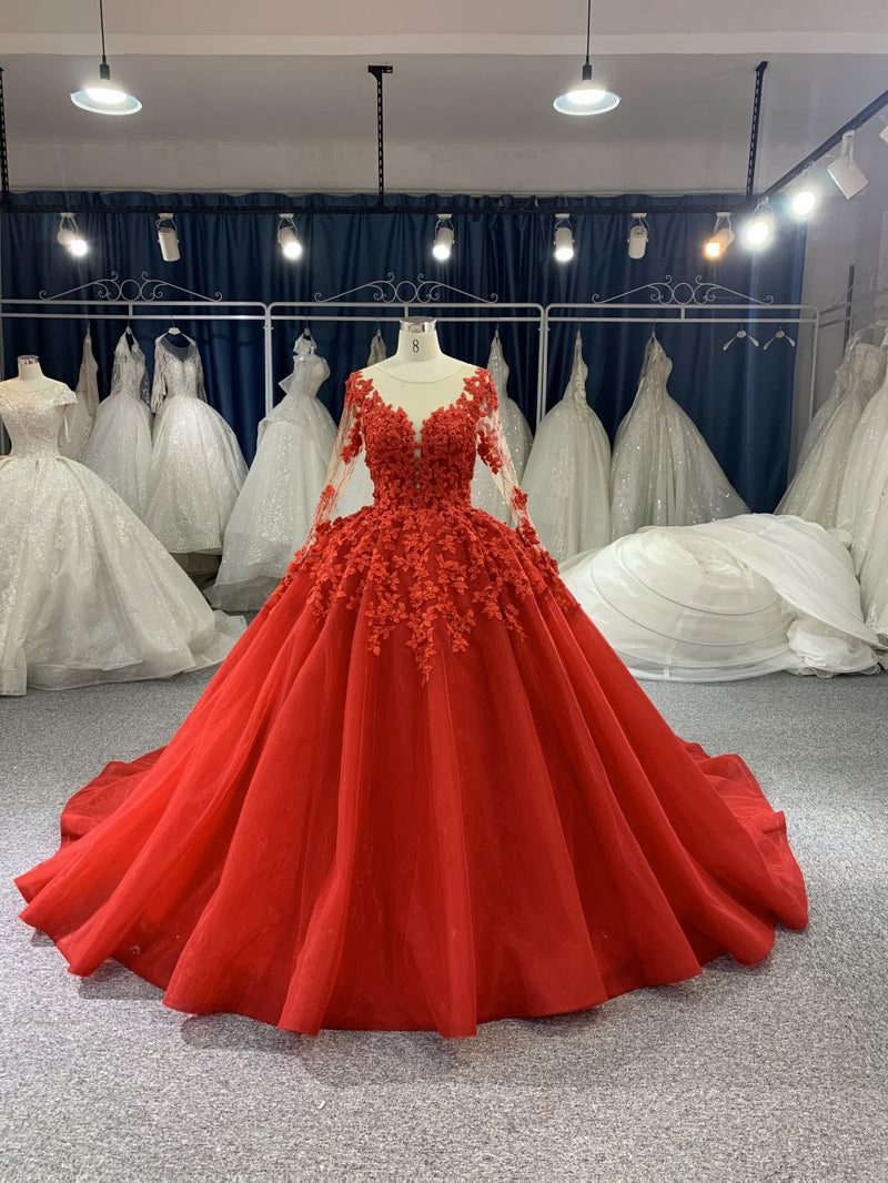 B206 B206# Red Long Sleeve Beading 3D Lace Weeding Grown Dress With Long Trail - wholesale wedding dress