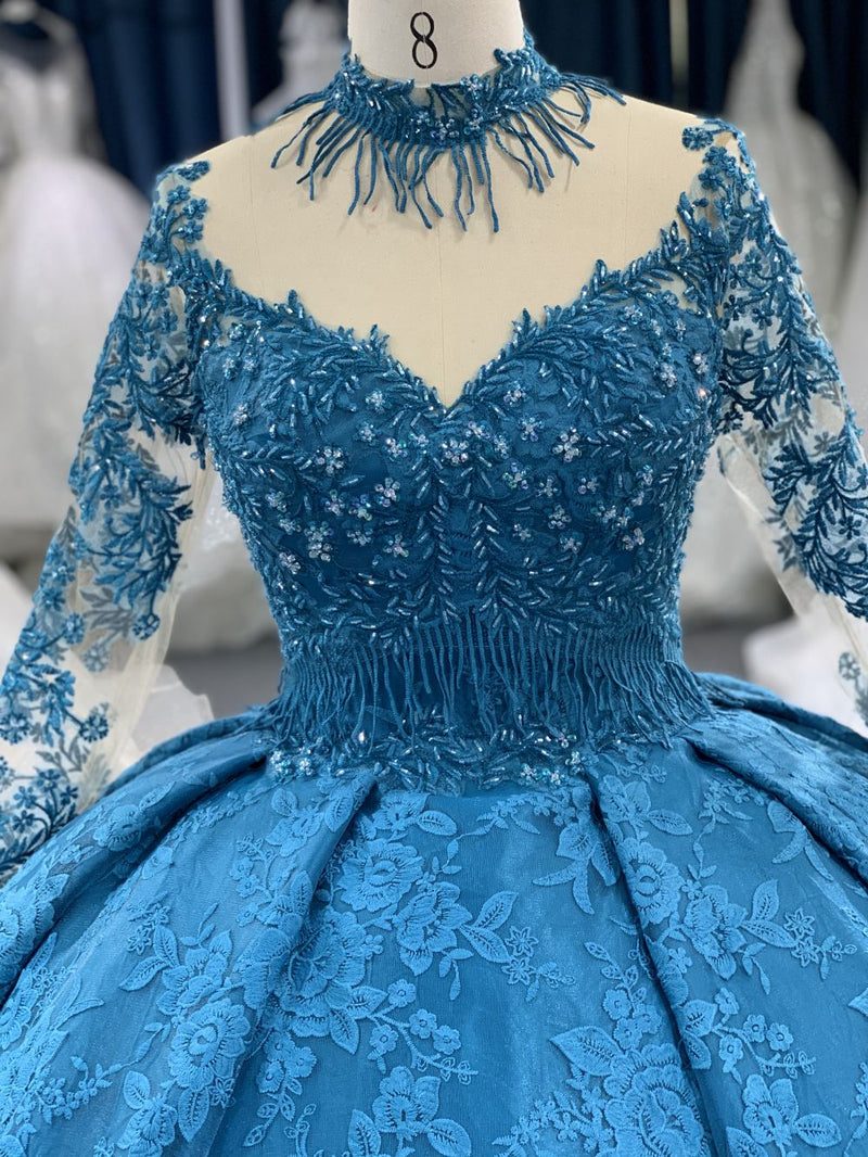 B208 B208 #Large Trailing Tail Of Blue Lace Embroidery Long Sleeve Wedding Grown Dress - wholesale wedding dress