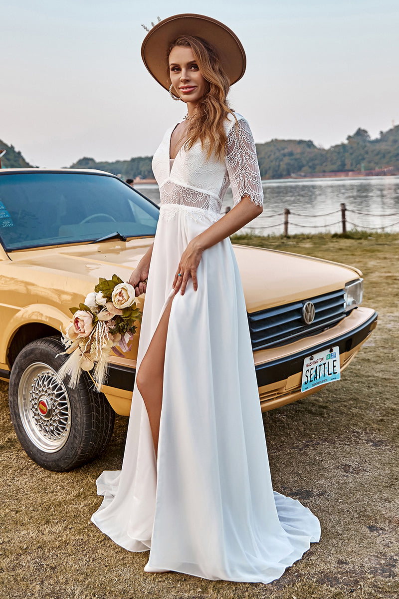 OEM-1 OEM-1 Deep V-neck evening gown, mid-sleeves - wholesale wedding dress